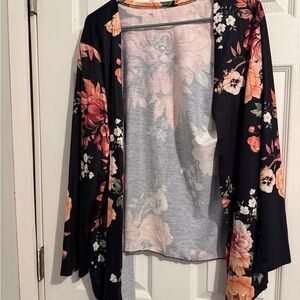 SHEIN Black Open-Front Floral Cardigan with Peach Blooms